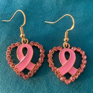 Breast cancer ribbon insider a pink crystal heart gold over ss hooks